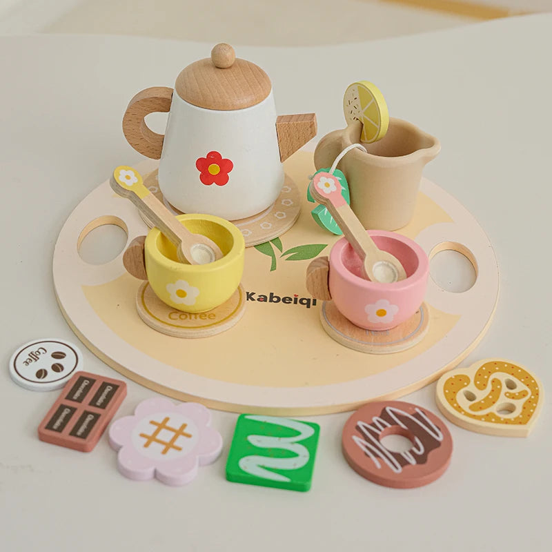 Wooden Kitchen Play Toys Kitchen Simulation Tea Set Afternoon Tea Activity Games Pretend Play Kitchen Accessories Toy for Kids