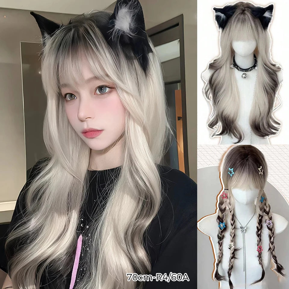 Synthetic Short Lolita Cosplay Christmas Halloween Bob Brown Blonde LM Wig With Long Curly Ponytail Natural Fake Hair for Women