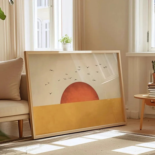 Yellow Flock of Birds Wall Cavans Art, Orange Sun Art Print, Japandi Wall Art, Abstract Landscape, Living Room Decor, Wall Art