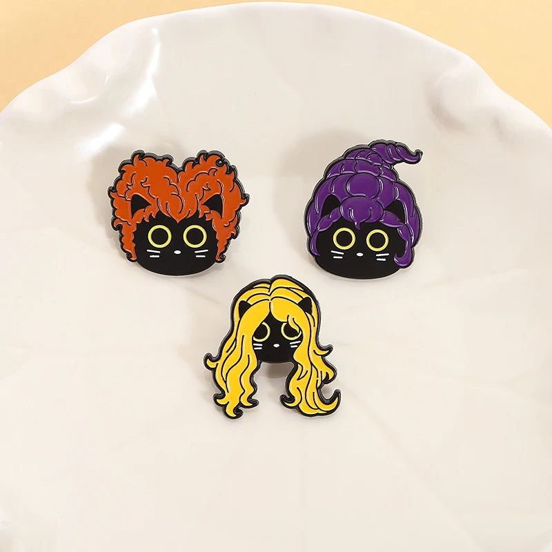 Funny Witch Black Cat Enamel Pins Family Comedy Film Movies Witch Sisters Brooch Lapel Badge Halloween Jewelry Gifts for Friends