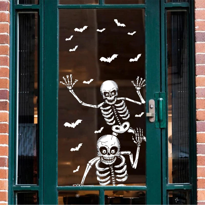 4Pcs Halloween Large Skeleton Wall Stickers Human Skull Bones Bat Window Stickers Halloween Party Scary Home Room Decal Decors