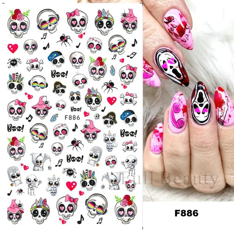 Nail Stickers Halloween Series Bat Skull Bone Ghost Pumpkin Pattern 3D Self Adhesive Decals For Nails Manicure Decoration LATH