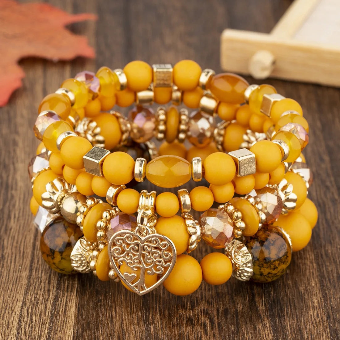 4Pcs Tree of Life Heart Bracelet Set For Women Acrylic Glass Beads Chain Elastic Bangle Female Fashion Party Jewelry
