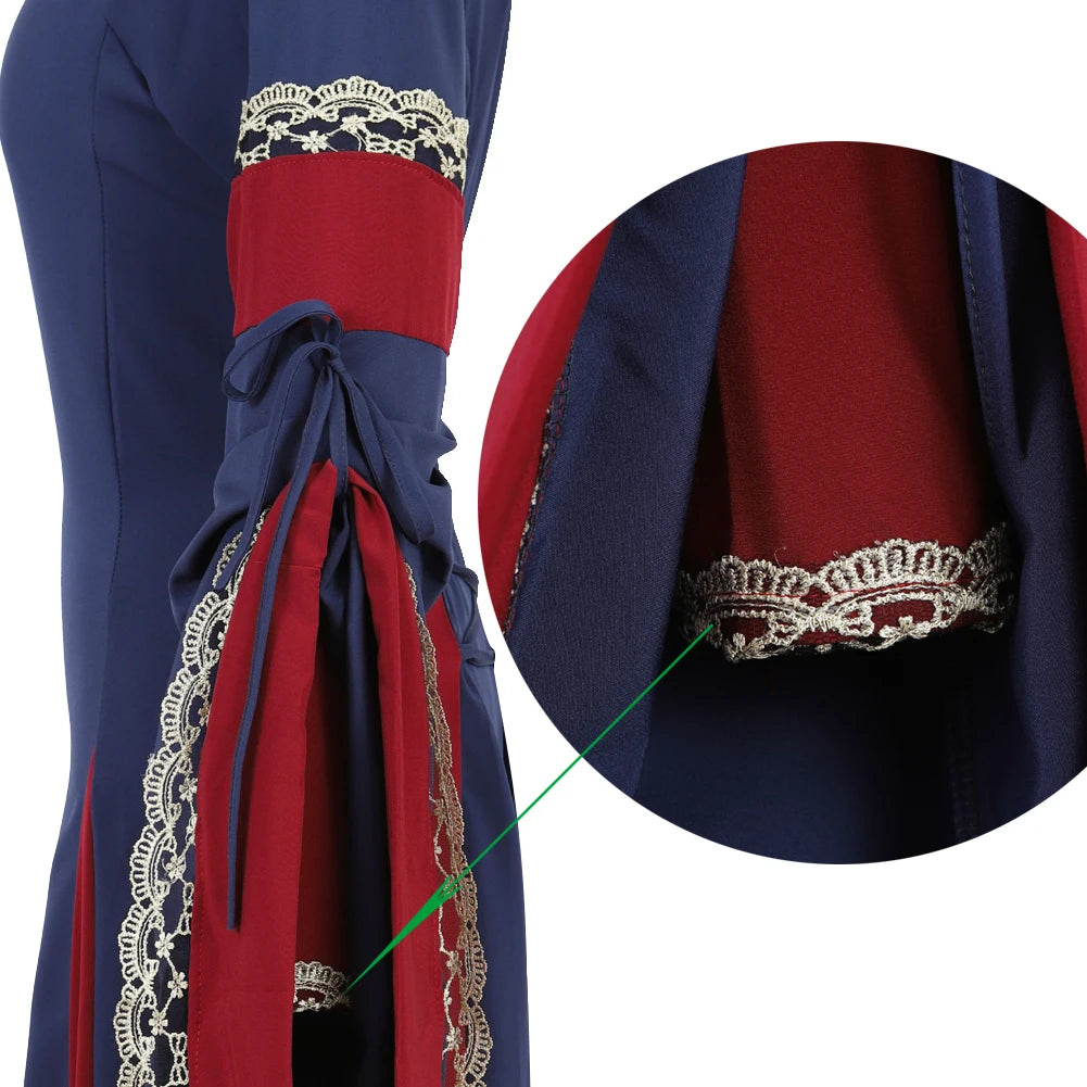 Women Medieval Renaissance Trumpet Sleeve Retro Loor Length Gown Lace Trim Irish Over Long Dress Halloween Costume Plus Size