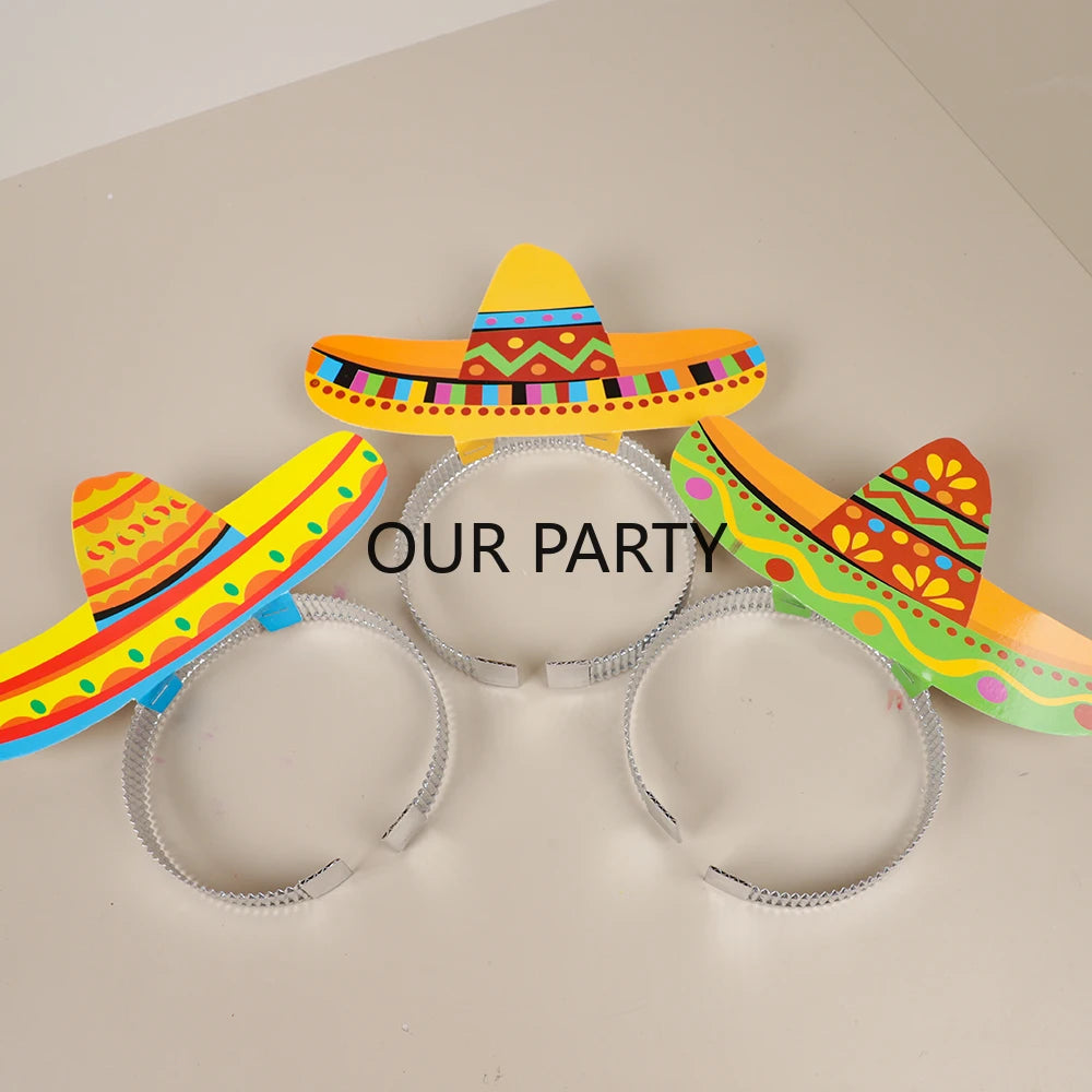 6Pcs Mexican Fiesta Paper Headband Hat Cinco De Mayo Theme Photo Props for Birthday Day of The Dead Halloween Party Decorartion