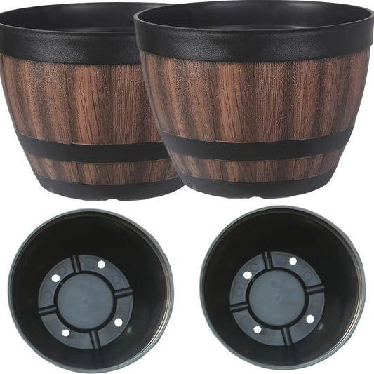 Retro whiskey barrel planter, resin striped garden flower pot with