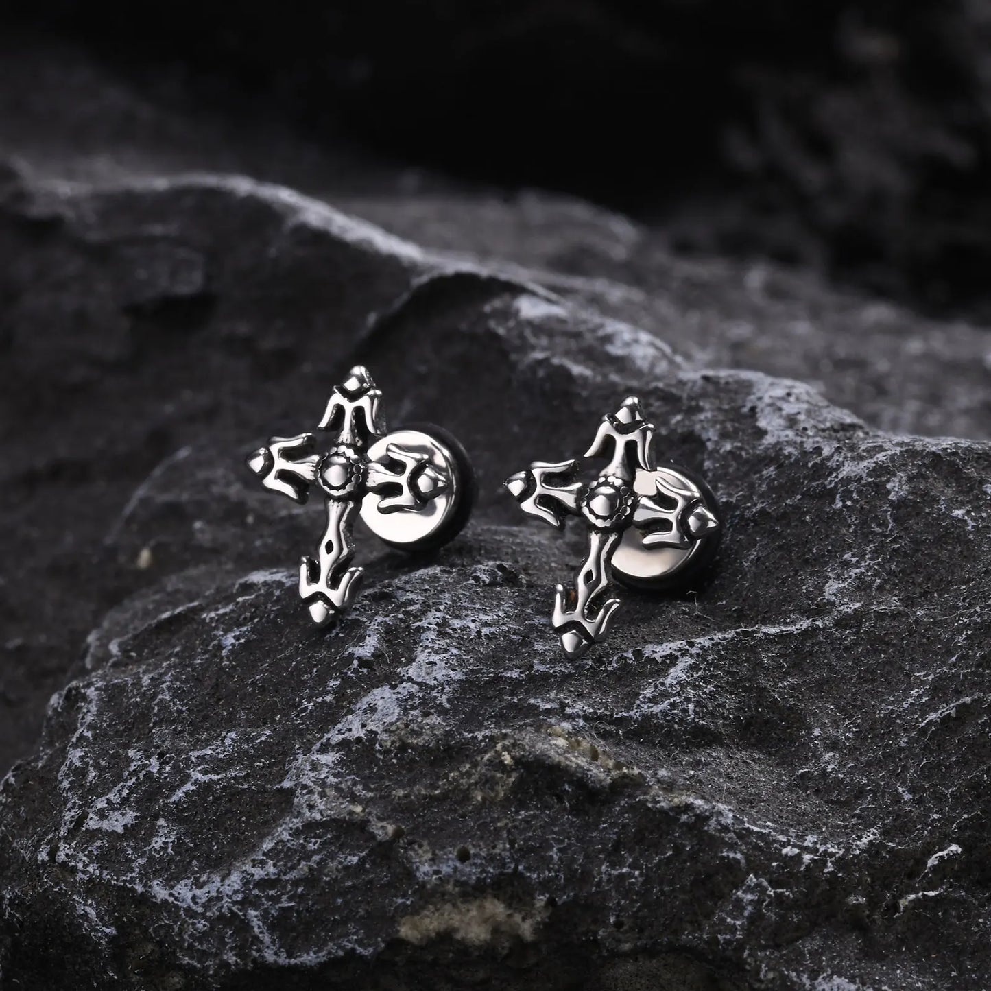 Gothic Cross Earrings for Men Boys,Waterproof Stainless Steel Stud Earrings,Rock Punk Prayer Jewelry Halloween Gifts