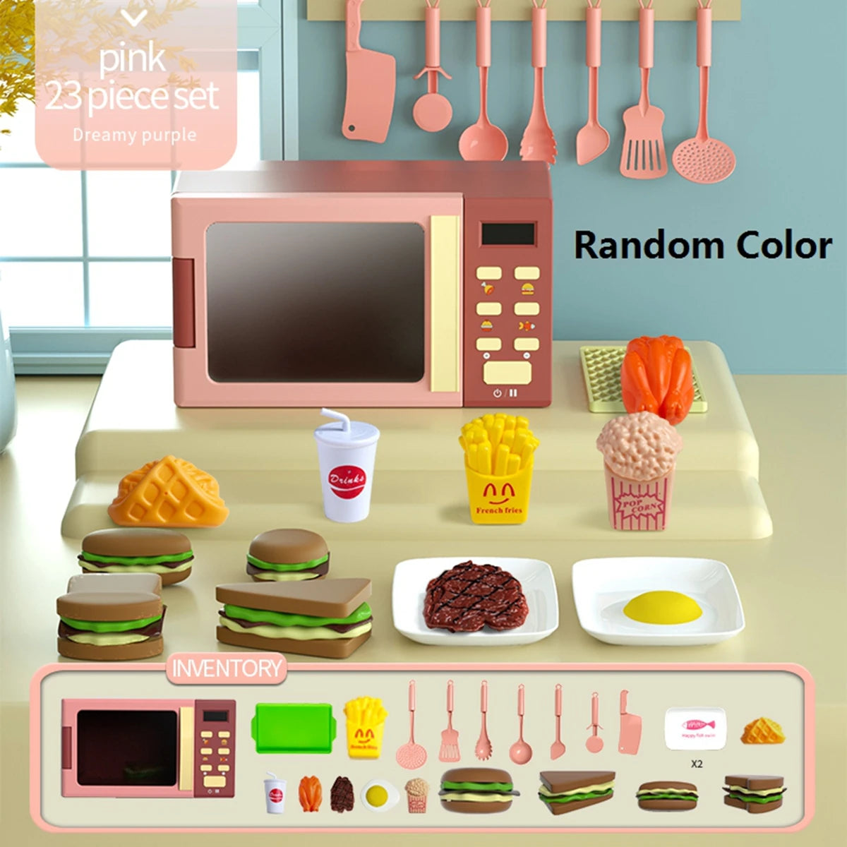 Toy Microwave Oven Playset with Light and Sound, Toy kitchen Appliances for Kids, Play kitchen accessories and Toy Food for Kids