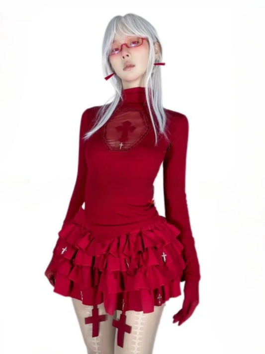 Women Y2k Clothing High Neck Dark Gothic Cross Hollow Slim Bottom Knitted Shirt Halloween Costume Long Sleeve Sexy T-shirt New