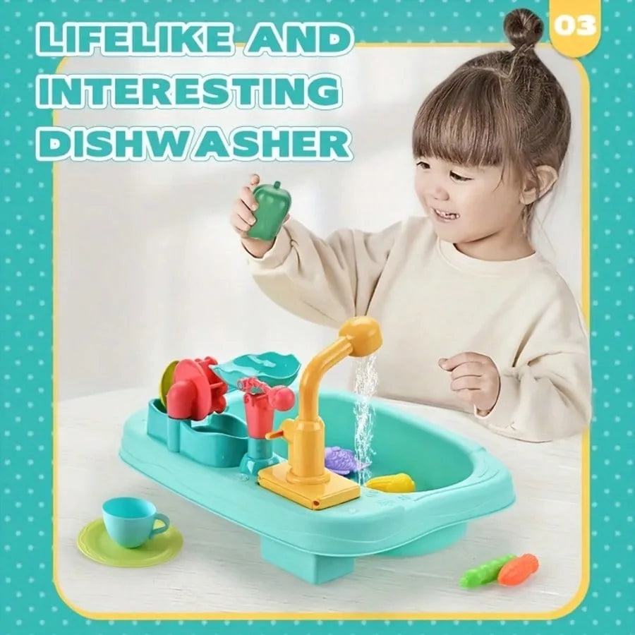 Play Sink With Running Water, Mini Water Table For Toddlers, Upgraded Faucet And Play Dishes, Children Electric Dishwasher Toy