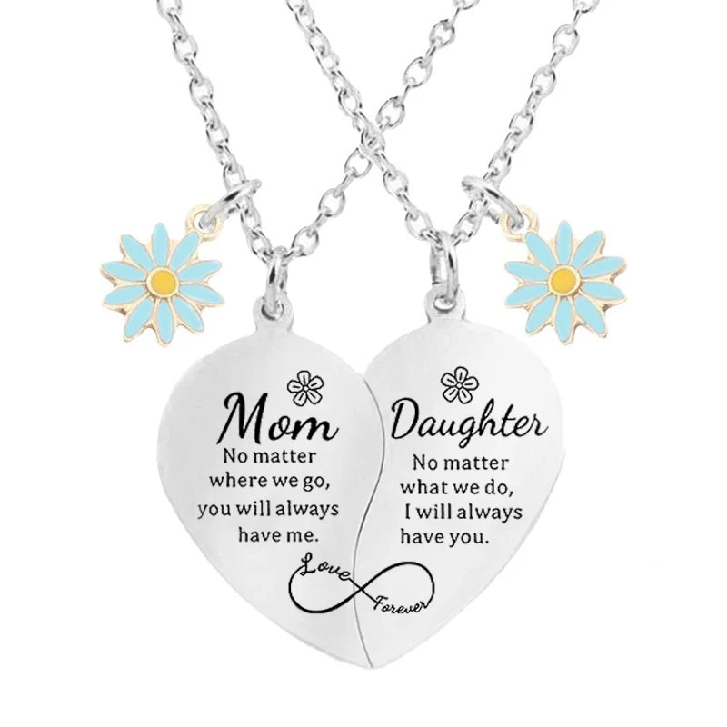 2 Pcs Daisy Charm Mother Daughter Heart Matching Pendant Necklace Set Stainless Steel Jewelry Gifts For Mom