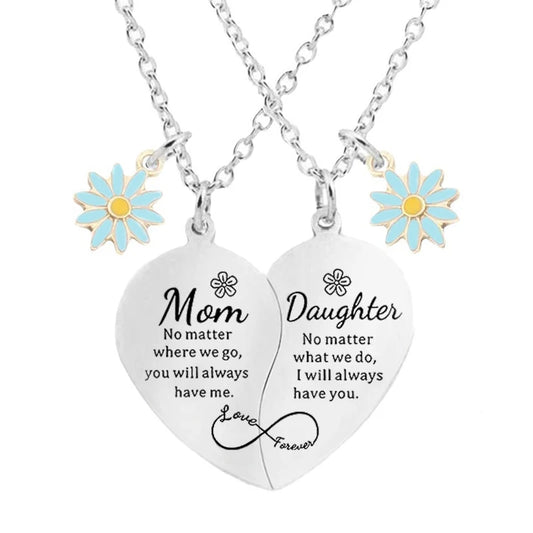 2 Pcs Daisy Charm Mother Daughter Heart Matching Pendant Necklace Set Stainless Steel Jewelry Gifts For Mom