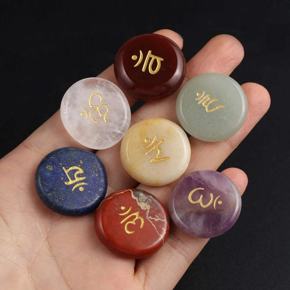 Set of 7 Pieces Natural Stones  Pendulum Reiki Healing Stones Engraved  Seven Chakra Symbols Reiki Healing Gems