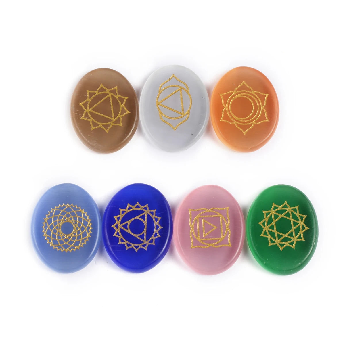 Set of 7 Pieces Natural Stones  Pendulum Reiki Healing Stones Engraved  Seven Chakra Symbols Reiki Healing Gems