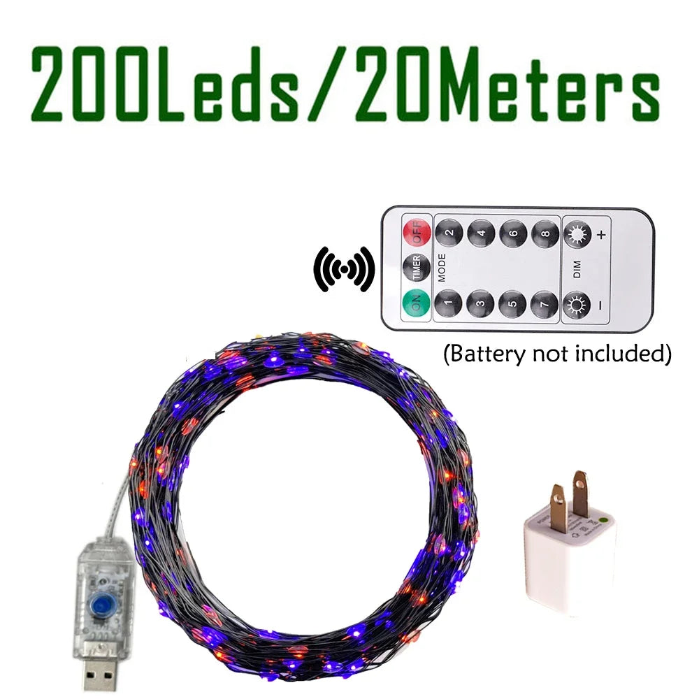 Purple and Orange Fairy String Lights Copper Black Wire Total 100-1200LED USB Fairy Lights With 8 Modes For Halloween Decoration