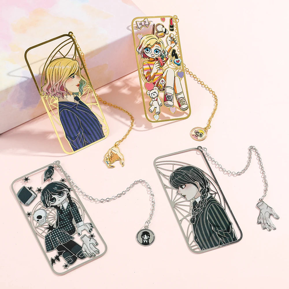 Punk Movie Wednesday Stainless Steel Bookmark Hollow Out Cartoon Halloween Reading Metal Bookmark Stationery Gifts for Men Women