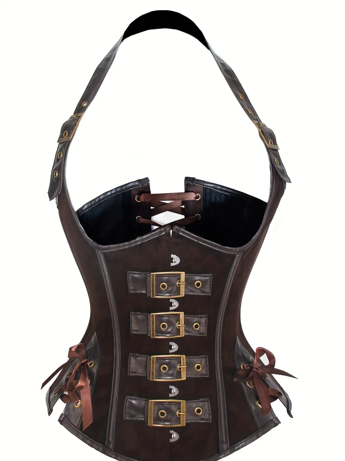 PU Leather Corset Sexy Steampunk Corset Top Halter Corselet Shapewear Women Tummy Control Bustier Lace Up Halloween Costume