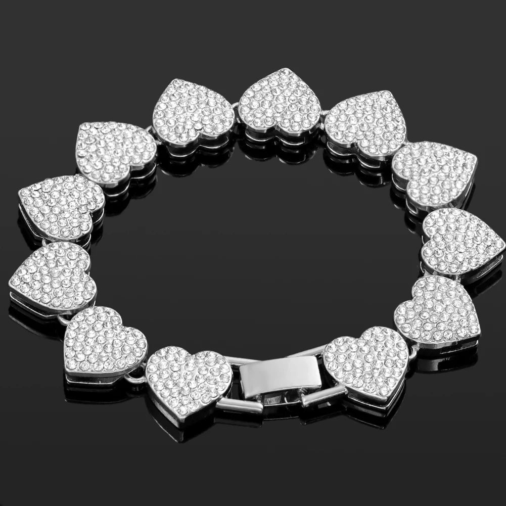 4Pcs Iced Out Chain Cuban Bracelet for Women Men Hip Hop Gold Silver Color Full Rhinestone Heart Circle Square Bracelet Jewelry