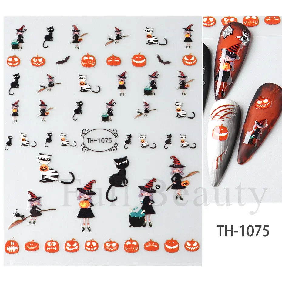 Nail Stickers Halloween Series Bat Skull Bone Ghost Pumpkin Pattern 3D Self Adhesive Decals For Nails Manicure Decoration LATH