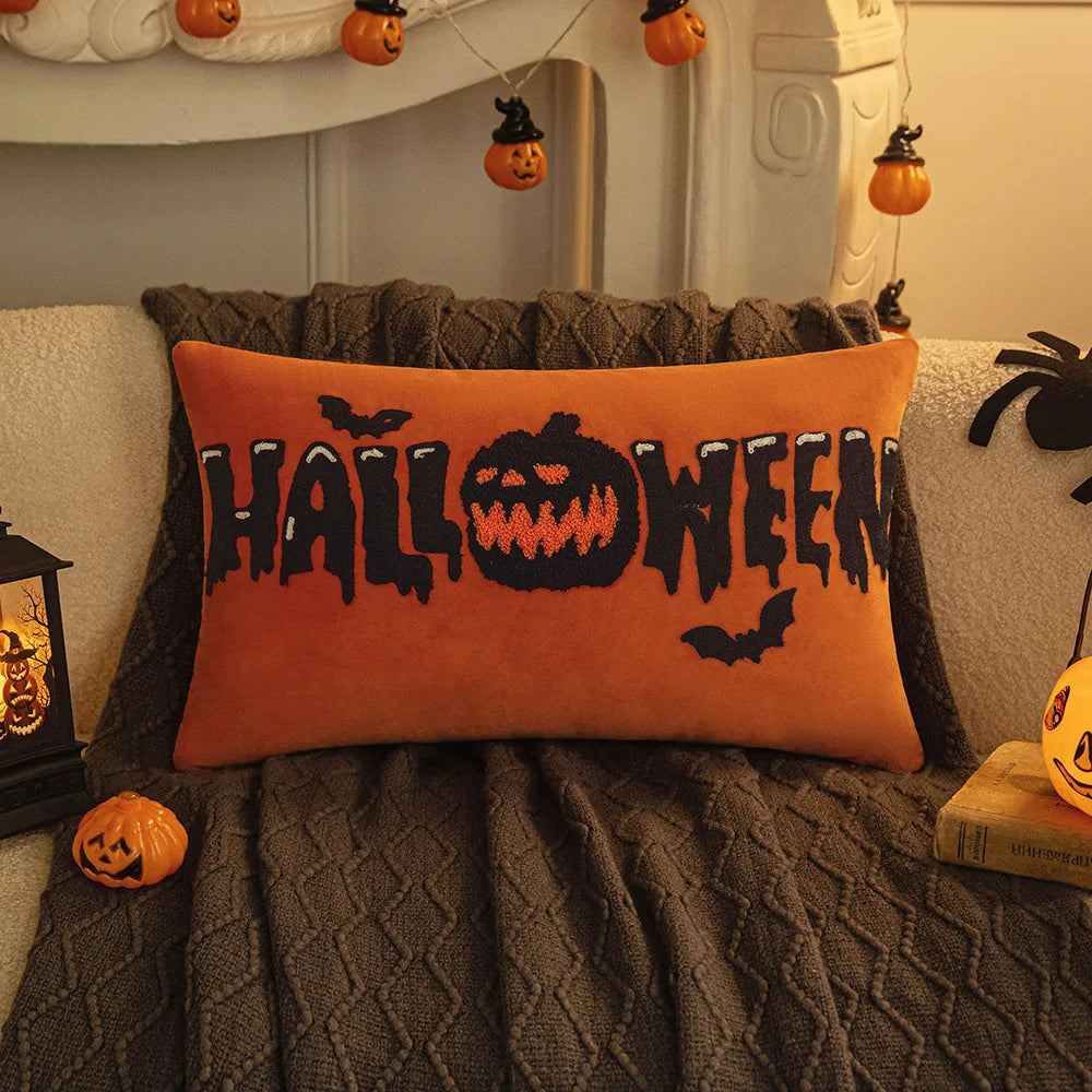 30x50/45x45cm Halloween Embroidery Pillowcase Home Holiday Decoration Sofa Pillow Cover Living Room Plush Orange Cushion Covers