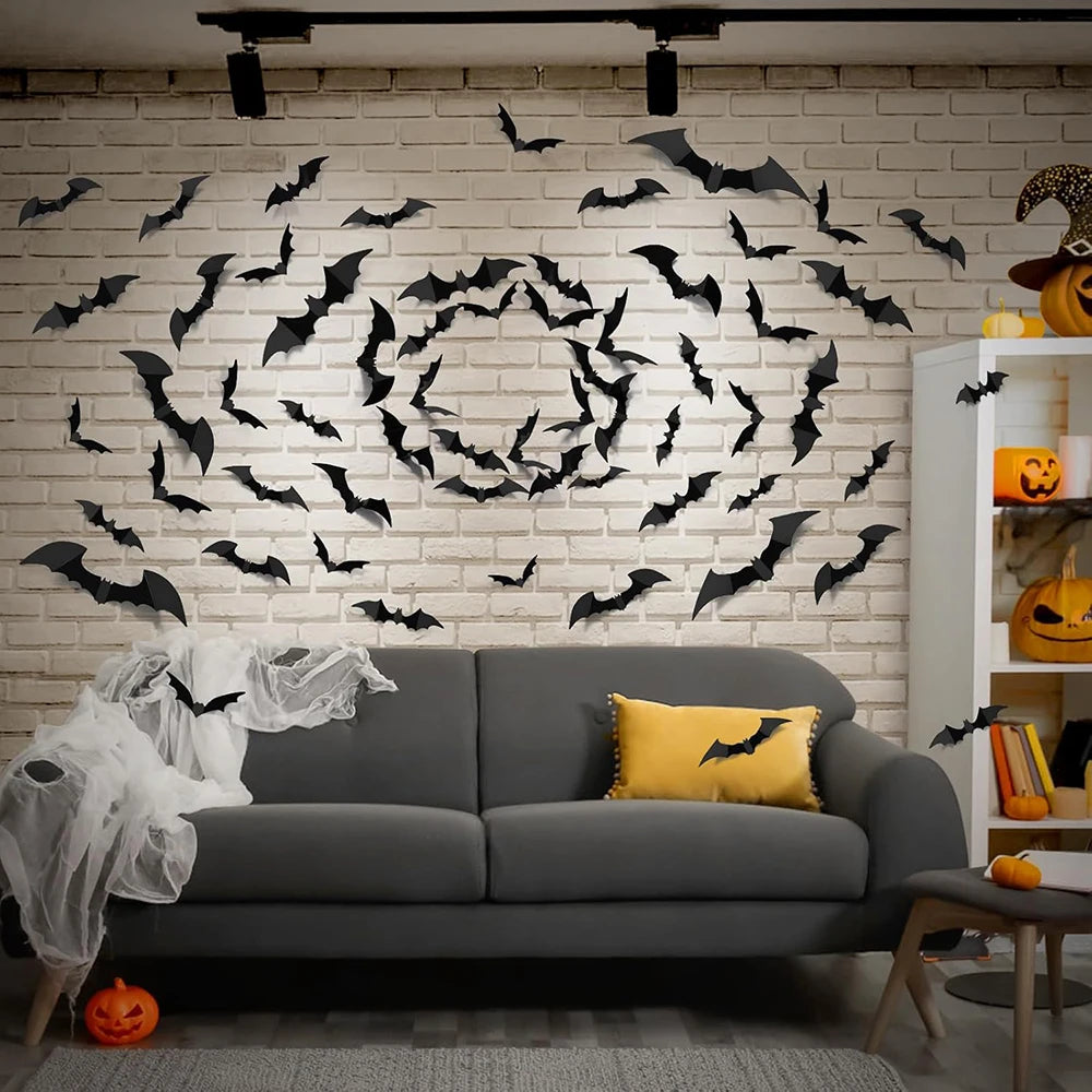 24/36/48/60pcs Bats Halloween Decorations 3D Bats DIY Home Indoor Outdoor Wall Decor Scary Bat Stickers Halloween Party Supplies