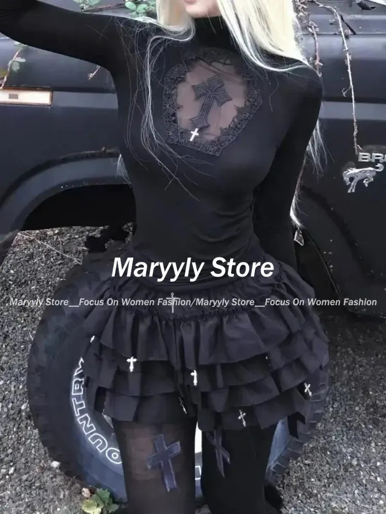Women Y2k Clothing High Neck Dark Gothic Cross Hollow Slim Bottom Knitted Shirt Halloween Costume Long Sleeve Sexy T-shirt New