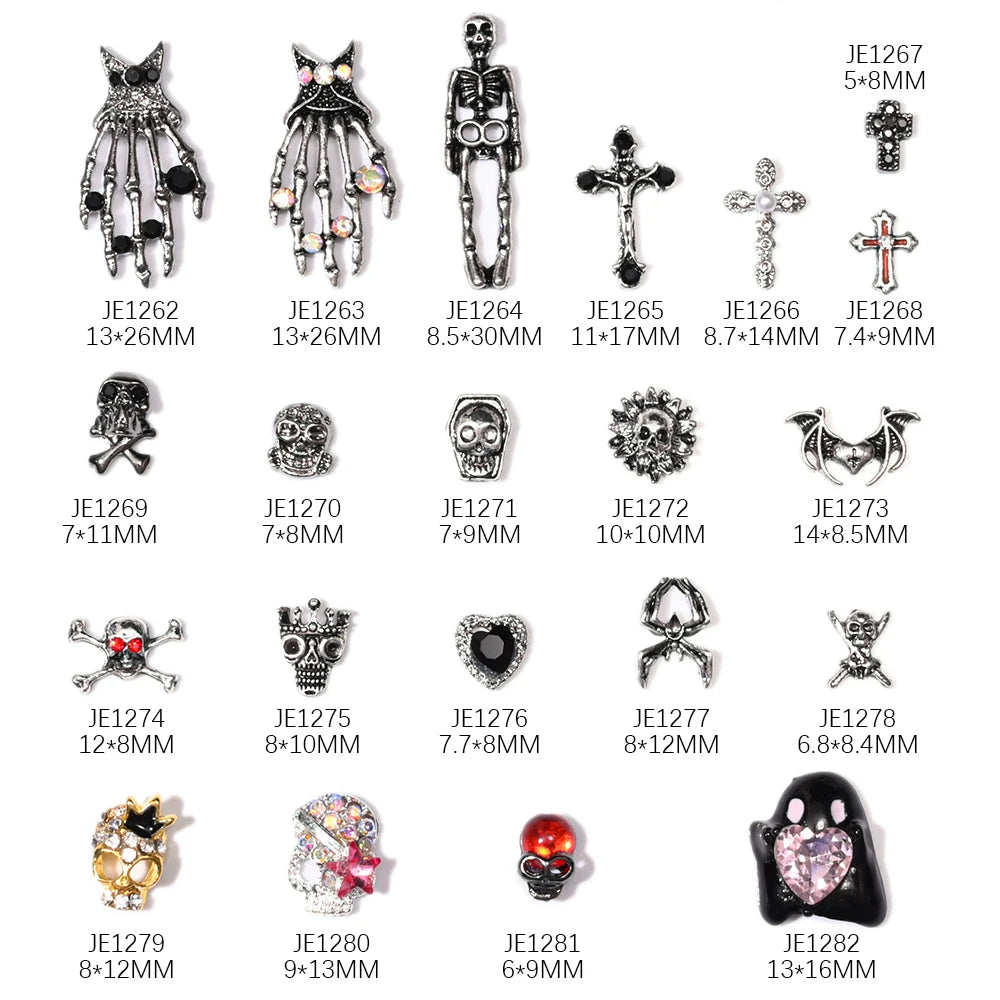 10pcs Bone Skeleton Halloween Nail Charms Scary Decoration Nail DIY 2023 Skull Cross Halloween Metal Nail Art Parts Gems