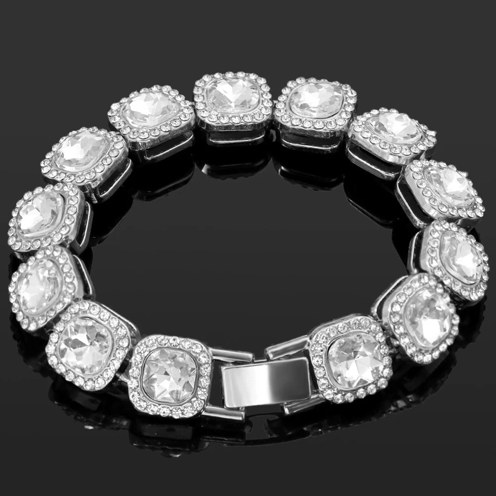 4Pcs Iced Out Chain Cuban Bracelet for Women Men Hip Hop Gold Silver Color Full Rhinestone Heart Circle Square Bracelet Jewelry