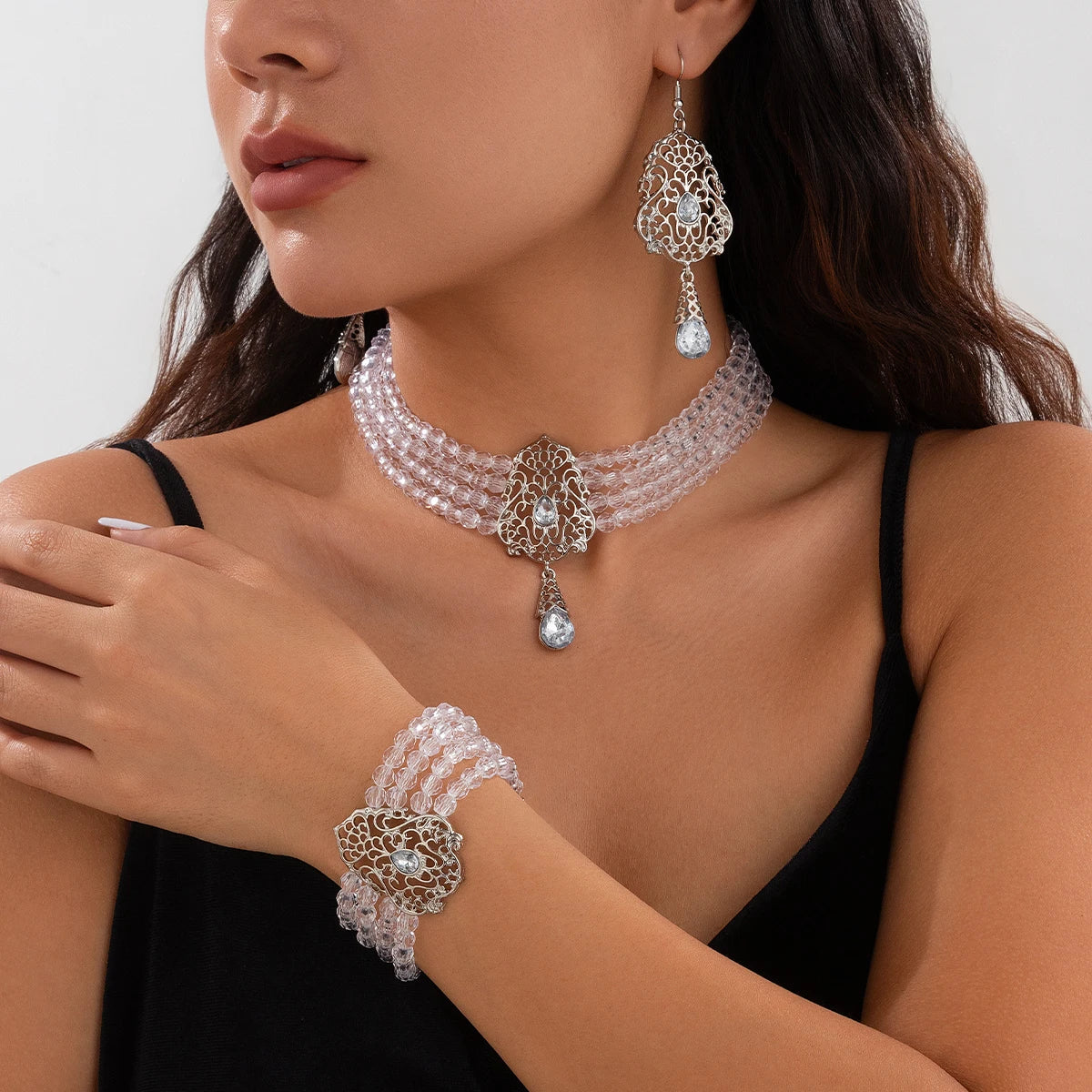 Ingemark Goth Multilayer Crystal Chain Necklace Bracelet Drop Earrings for Women Temperament Jewelry Set Halloween Accessories