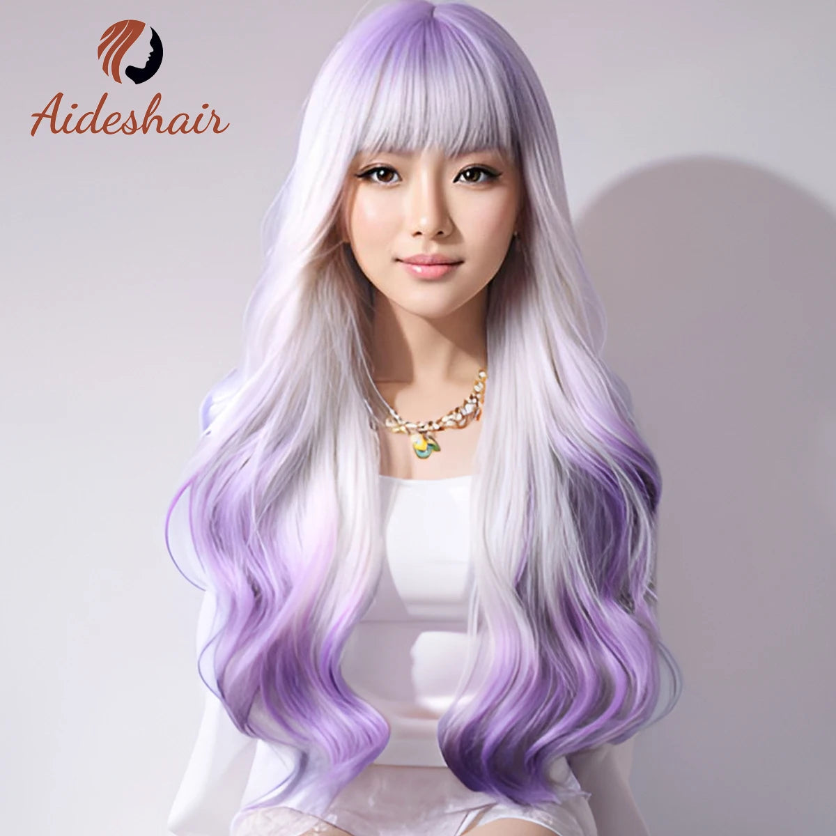 Peach shade shade wig Ladies dark red white shade shade wig with bangs Heat resistant synthetic wig Halloween cosplay party wig