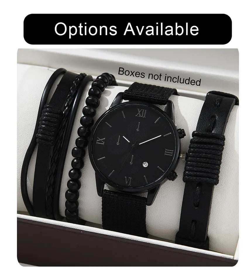 New Men's Watch Luxury Bracelet Multi Piece Set Fashion Business Black Leather Quartz Watch Men's Gift Set Reno Masculino