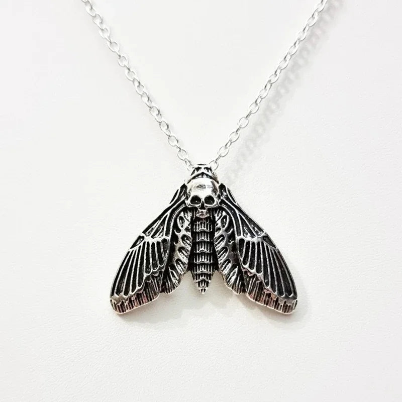 Goth Silver Color Moth Skull Pendant, Skull Necklace, Halloween Necklace,Gothic Skull and Moth Pendant Necklace