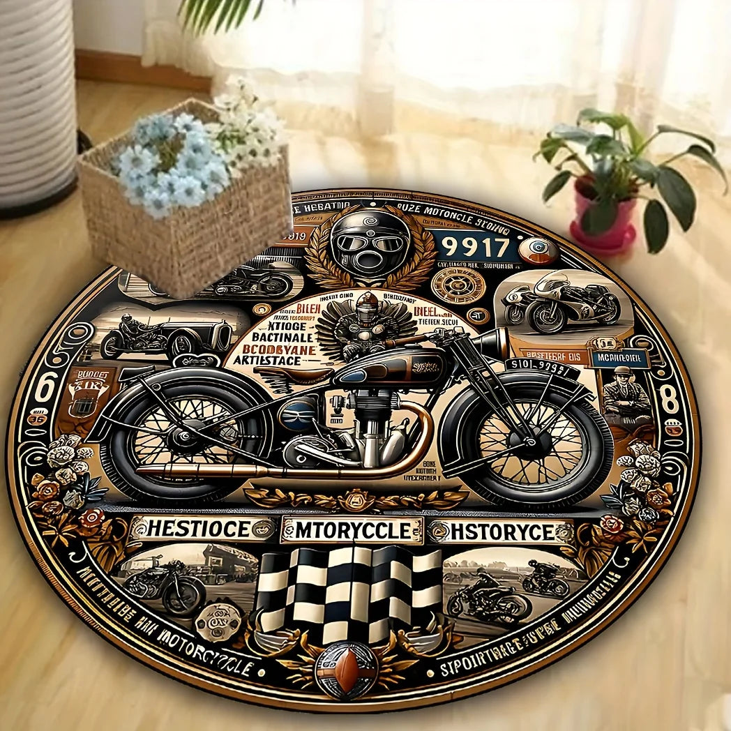 Retro Motorcycle Pattern Round Area Rug – Anti-Slip, Digital Printed Floor Mat for Bedroom, Living Room, Game Room, Bar Decor
