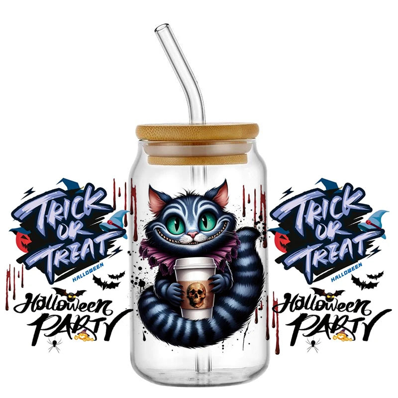Miniso Halloween Stitch Mixed Cartoon Pattern Transfer Stickers Waterproof UV DTF Cup Wraps 3D Wrap Decal For 16oz Libbey Glass
