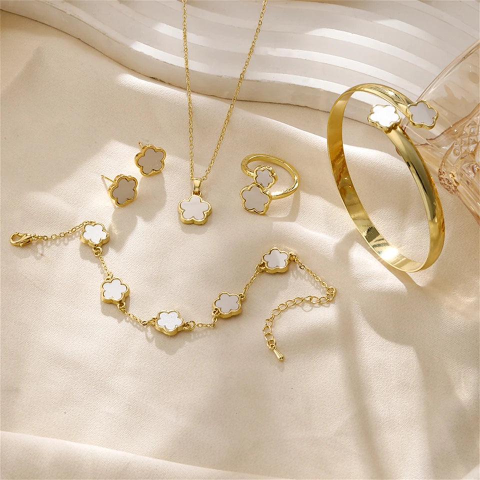 5pcs Lucky Five-petal Flower Women's Jewelry Set, Fashion Flower Bracelet + Necklace + Earrings + Bracelet + Ring Set, Birthday