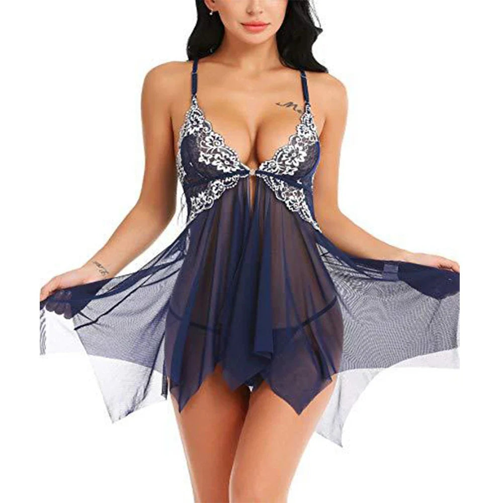 Lace Front Closure Sleepwear Women Sexy Lingerie Dress Babydoll Transparent Mesh Nightdress Erotic Clothing Erotic Sleepwear