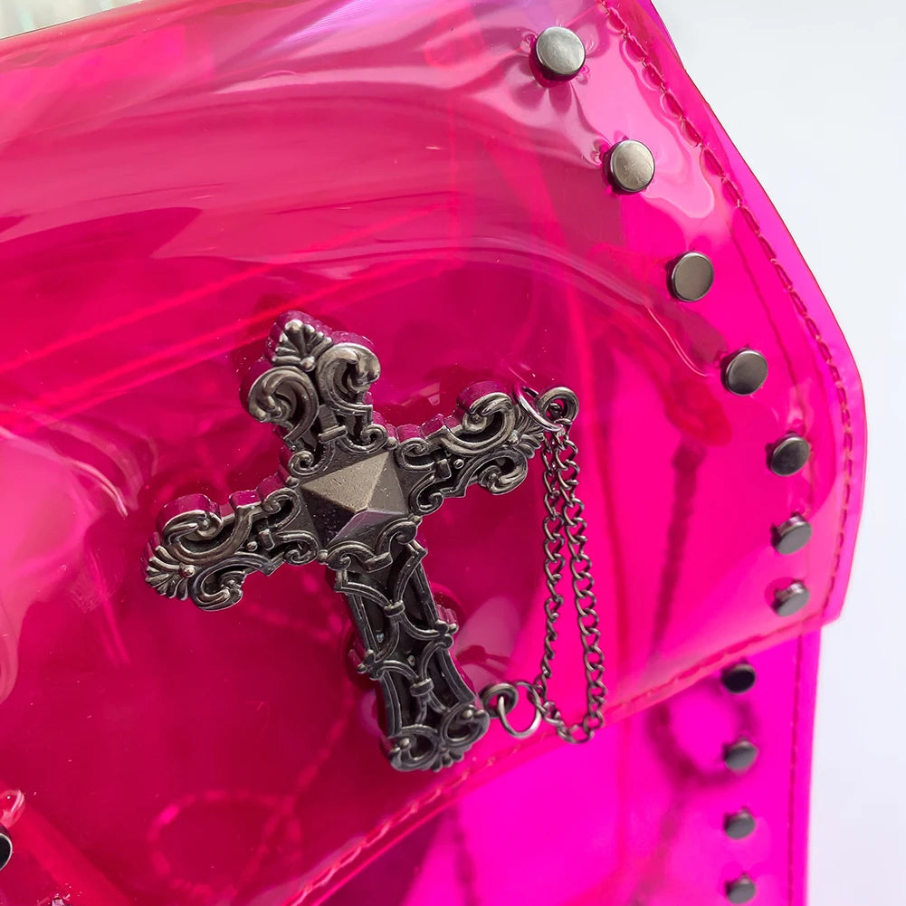 2024 Novelty Coffin Shape Purse Halloween PVC Clear Jelly Chain Crossbody Bag Stadium Approved Phone Bag Punk Retro Shoulder Bag