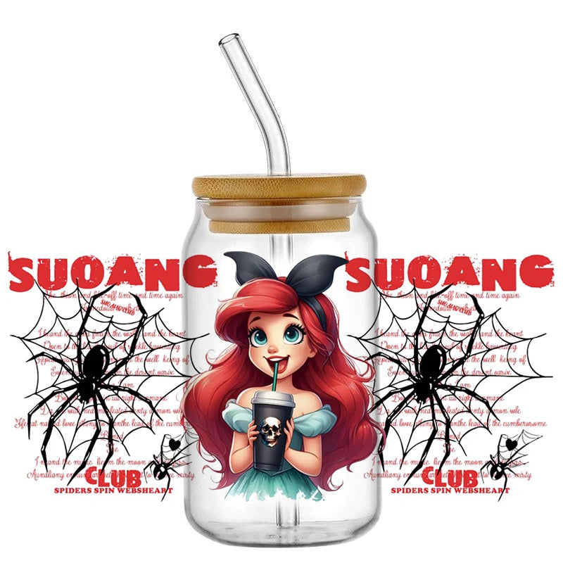 Miniso Halloween Stitch Mixed Cartoon Pattern Transfer Stickers Waterproof UV DTF Cup Wraps 3D Wrap Decal For 16oz Libbey Glass