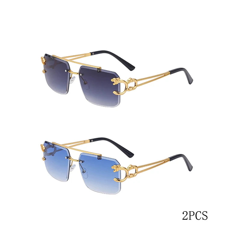 Fashion Metal Leopard Rimless Sunglasses Double Bridges Gradient Ocean Film Shades UV400