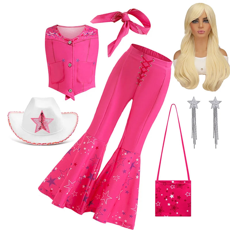 2PCS Pink Top+Trousers Suit with Hat Bag 2025 Girls Margot Robbie Barbi Dress Kids Carnival Halloween Cospaly Clothes Ball Gown