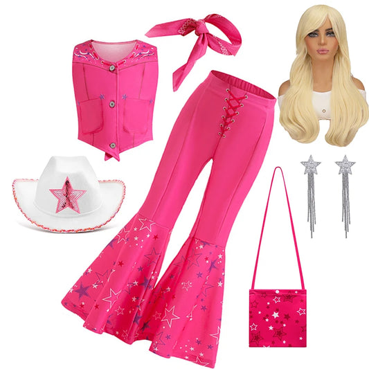 2PCS Pink Top+Trousers Suit with Hat Bag 2025 Girls Margot Robbie Barbi Dress Kids Carnival Halloween Cospaly Clothes Ball Gown