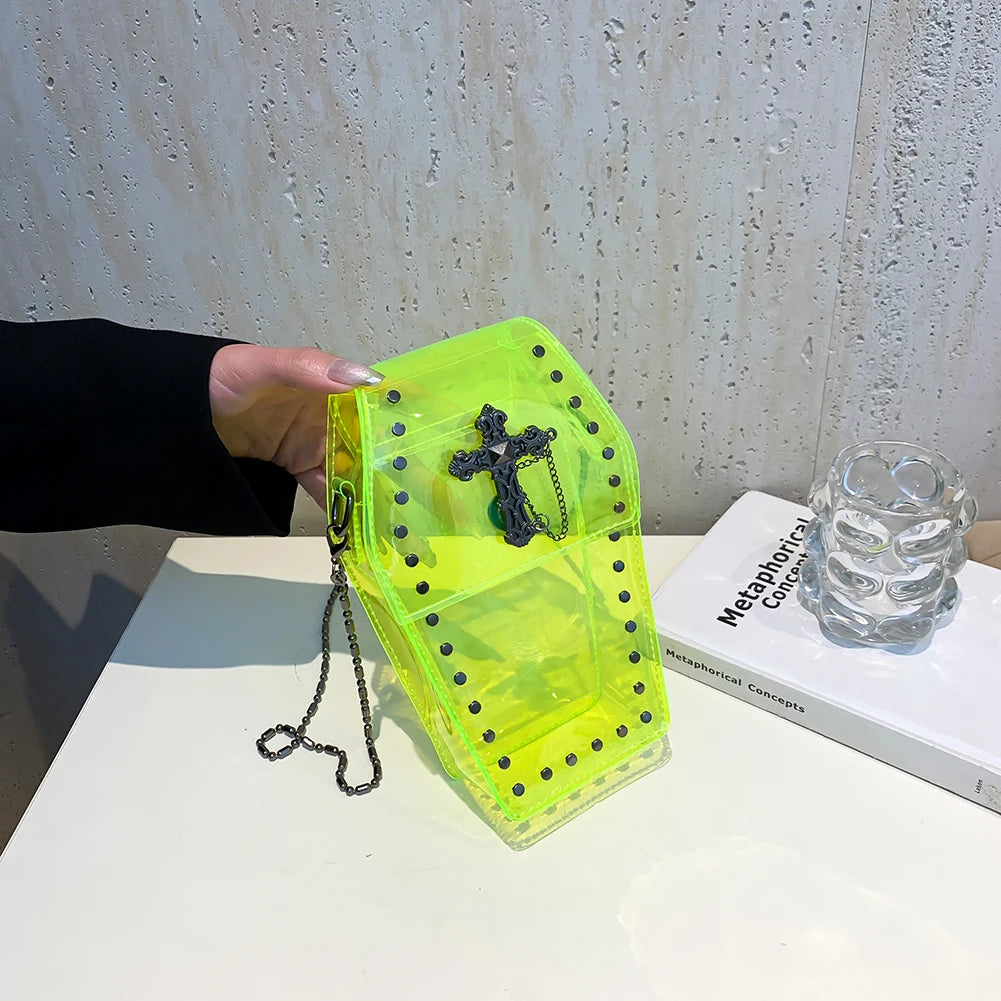 2024 Novelty Coffin Shape Purse Halloween PVC Clear Jelly Chain Crossbody Bag Stadium Approved Phone Bag Punk Retro Shoulder Bag
