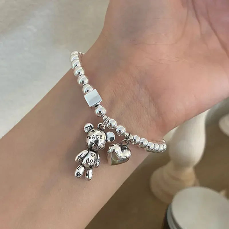 925 Sterling Silver Bracelets for Women String of Beads Accessories Trend Vintage Simple Cute Bear Pendant Party Jewelry  팔찌