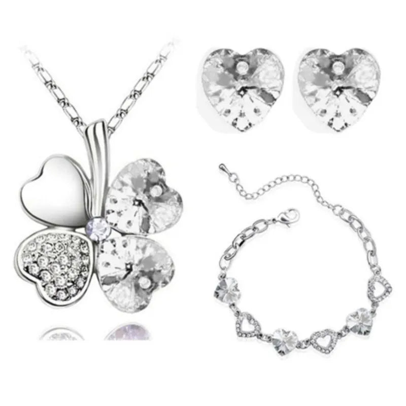 Crystal Clover 4 Leaf leaves Floating heart pendant quality Necklace bracelet Earring fashion jewelry set birthday gift girl wed
