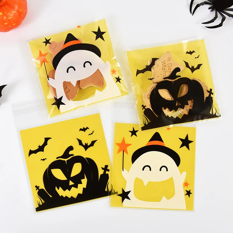 100Pcs Halloween Candy Bags Pumpkin Ghost Plastic Gift Cookie Packaging Bags Halloween Party Decor Supplies Kids Trick or Treat