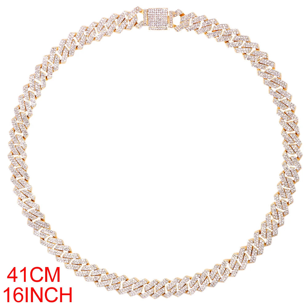 14MM Miami Prong Cuban Link Chain Necklace for Women Gold Silver Color Luxury 2 Row Rhinestones Cuban Choker Iced Out Jewelry
