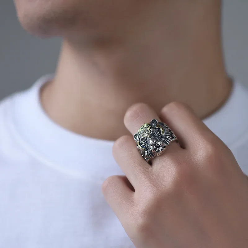 925 Silver Vintage Handsome Golded Tiger Head Mens Rings Hip Hop Style Domineering Ring Suitable for Daily Jewelry Wearing