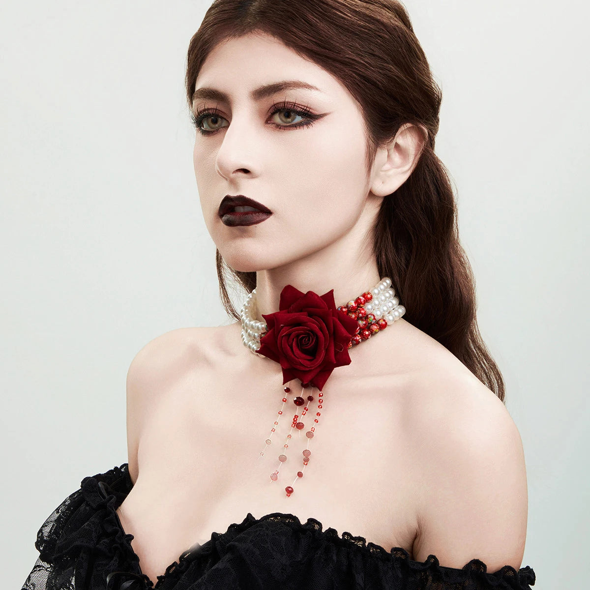 Ingemark Multilayer Imitation Pearl Rose Flower Clavicle Chain Necklace Women Goth Red Crystal Pendant Choker Halloween Jewelry