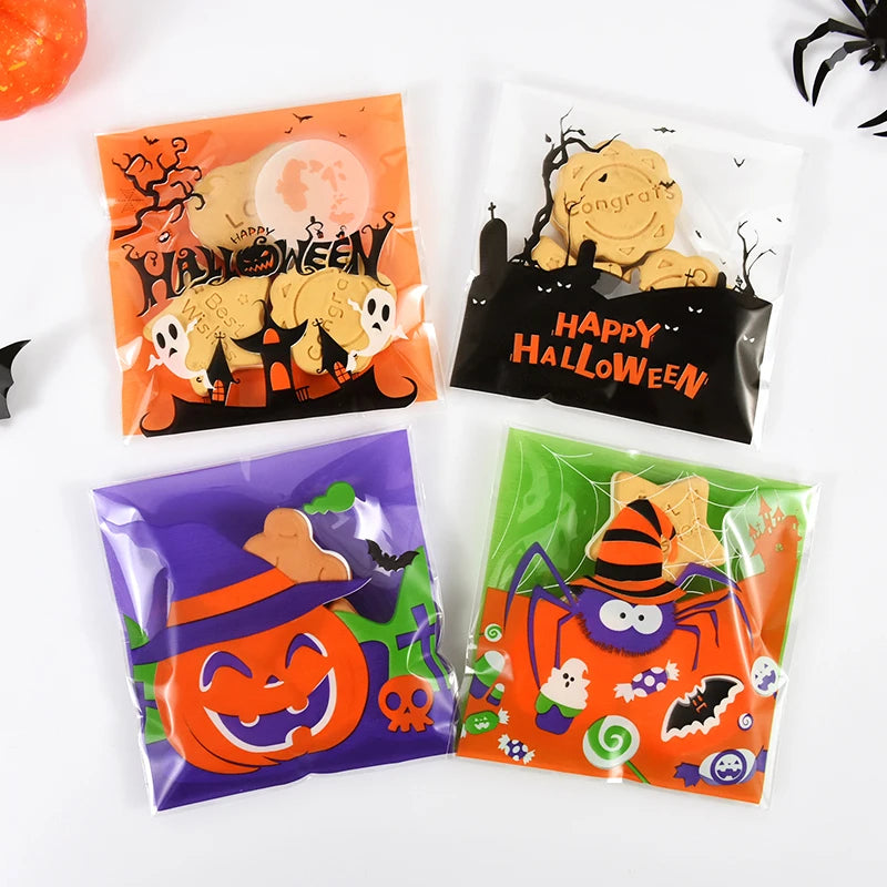 100Pcs Halloween Candy Bags Pumpkin Ghost Plastic Gift Cookie Packaging Bags Halloween Party Decor Supplies Kids Trick or Treat