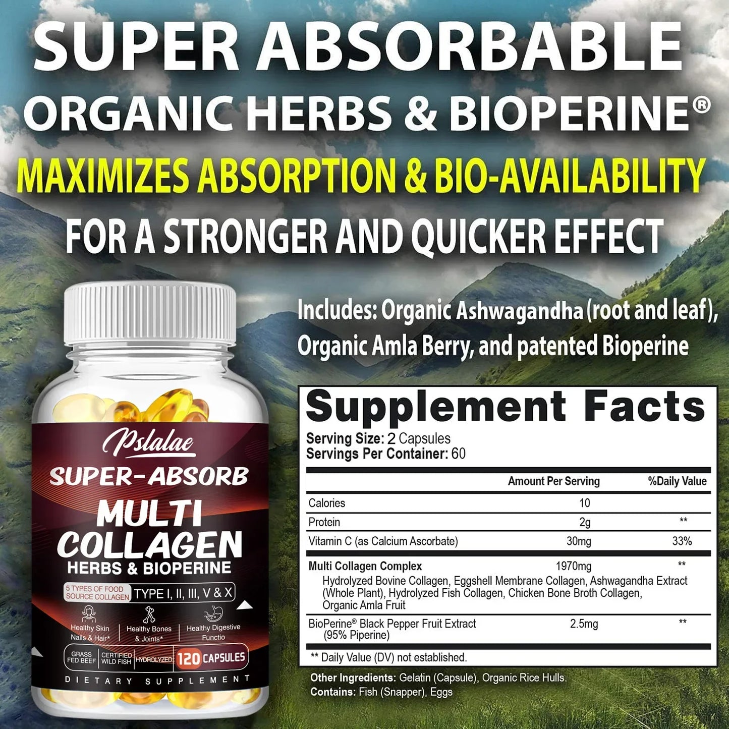 Multi Collagen Pills Organic Herbs and Piperine - Collagen Capsules with Herbs and Piperine (Type I II III V X)